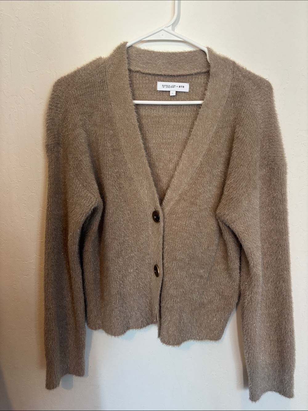Taupe Fuzzy V-Neck Button Cardigan